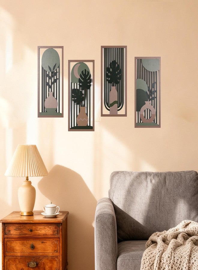 suruim Boho Wall Art Set of 4, Abstract Geometric Wooden Wall Decor, Mid-Century Modern Aesthetic Artwork with Arch, Vase & Botanical Design for Modern Home Decor for Bedroom, Office & Living Room(D) - Image 2